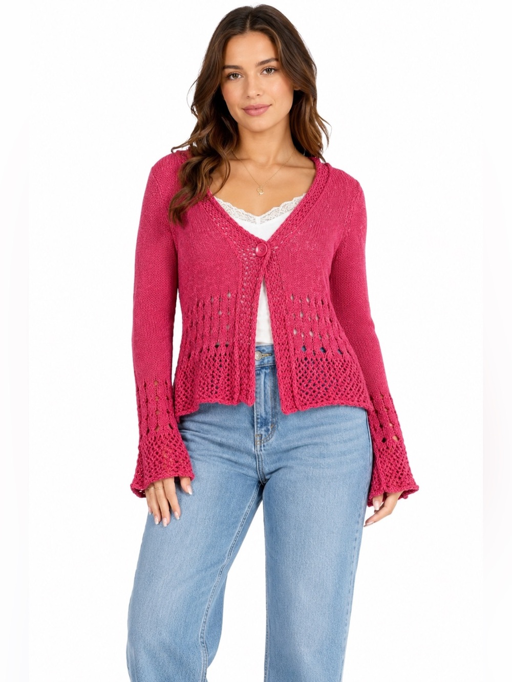 Y2K Vintage Crochet Open Knit Single Button Cardigan (Hot Pink) Size: Small
